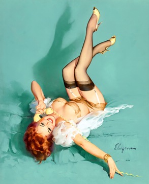 (e) Gil Elvgren - The Right Number; girl reclining, legs up, on the phone