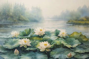 pond lilies on a misty lake (AI)