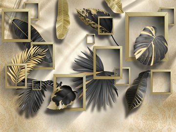 gold-black leaves placed among golden frames, beige background