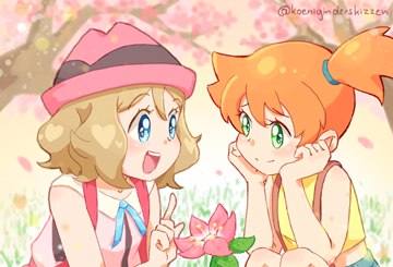 Serena and Misty crouching next to a flower by koeniginderskizzen