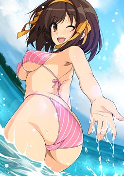 (e) Haruhi in pink bikini splashing water by haruhisky