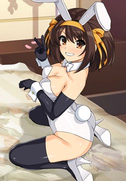 (e) Haruhi posing on bed in a black & white bunnysuit by haruhisky