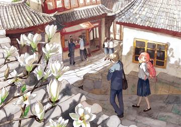students walking through an old town, blooming magnolia by selina